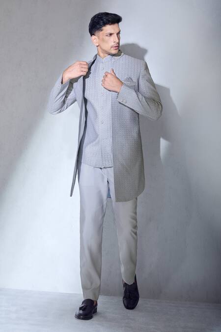 Shop Aariyana Couture Blue Brocade, Faux Leather Sequins, Embroidery And Thread Work Sherwani Jacket Set at Aza Fashions Shop_Aariyana Couture_Blue Brocade, Faux Leather Sequins, Embroidery And Thread Work Sherwani Jacket Set_at_Aza_Fashions