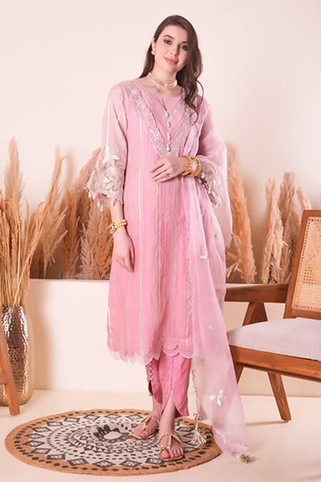 Shop Surabhi Arya Pink Chanderi, Organza Pearls, Zari, Sequins Flower Yoke Embroidered Kurta Set Online at Aza Fashions Shop_Surabhi Arya_Pink Chanderi, Organza Pearls, Zari, Sequins Flower Yoke Embroidered Kurta Set _Online_at_Aza_Fashions