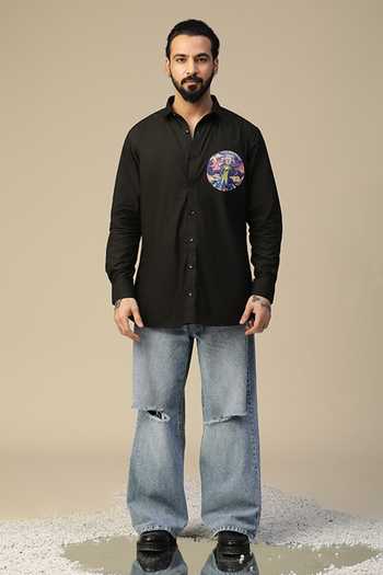 Kudrat Couture_Black Cotton Ufo Abduction Pattern Shirt_Online_at_Aza_Fashions