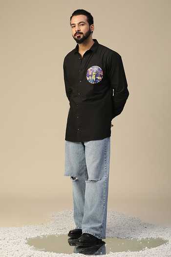 Buy_Kudrat Couture_Black Cotton Ufo Abduction Pattern Shirt_Online_at_Aza_Fashions