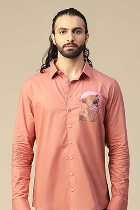 Kudrat Couture Peach Premium Cotton Hand Painted Eclipse Tiger Pattern Shirt Online at Aza Fashions Kudrat Couture_Peach Premium Cotton Hand Painted Eclipse Tiger Pattern Shirt_Online_at_Aza_Fashions