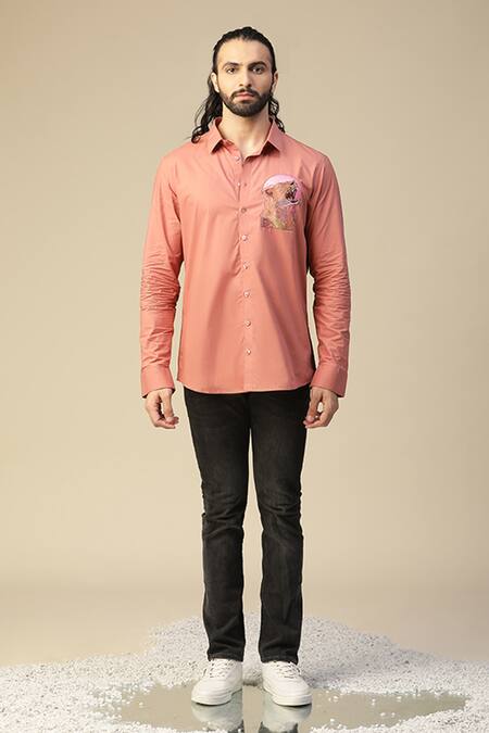 Buy_Kudrat Couture_Peach Premium Cotton Hand Painted Eclipse Tiger Pattern Shirt_Online_at_Aza_Fashions