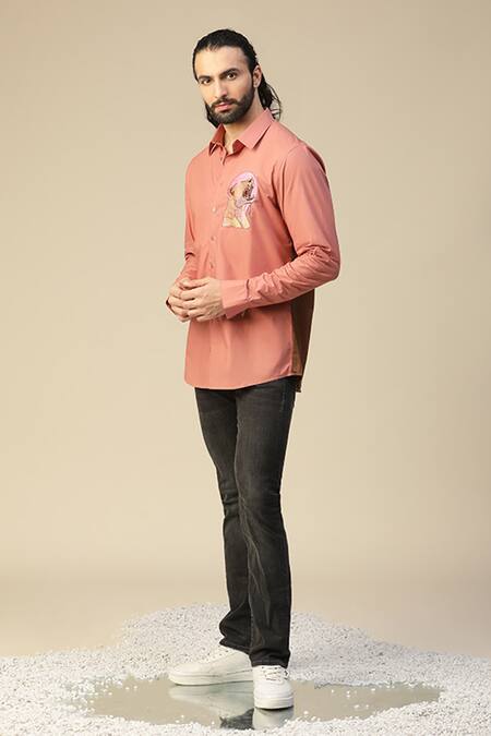Shop_Kudrat Couture_Peach Premium Cotton Hand Painted Eclipse Tiger Pattern Shirt_Online_at_Aza_Fashions