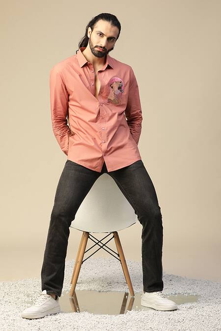 Kudrat Couture_Peach Premium Cotton Hand Painted Eclipse Tiger Pattern Shirt_at_Aza_Fashions