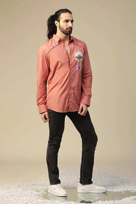 Kudrat Couture_Peach Premium Cotton Hand Painted Pride Ufo Pattern Shirt_Online_at_Aza_Fashions