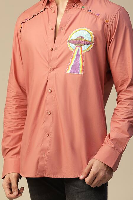 Shop_Kudrat Couture_Peach Premium Cotton Hand Painted Pride Ufo Pattern Shirt_Online_at_Aza_Fashions