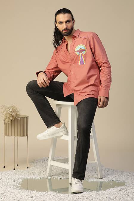 Kudrat Couture_Peach Premium Cotton Hand Painted Pride Ufo Pattern Shirt_at_Aza_Fashions