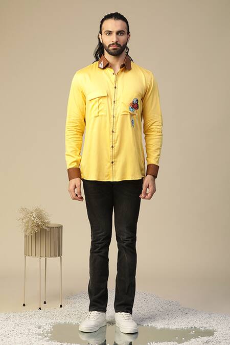 Kudrat Couture_Yellow Premium Cotton Hand Painted Aero Astro Pattern Shirt_Online_at_Aza_Fashions
