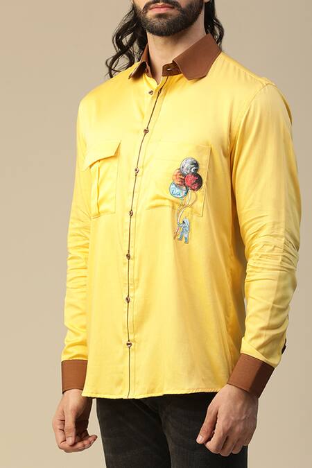 Buy_Kudrat Couture_Yellow Premium Cotton Hand Painted Aero Astro Pattern Shirt_Online_at_Aza_Fashions