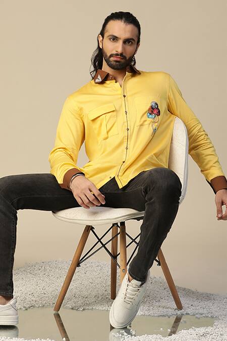 Shop_Kudrat Couture_Yellow Premium Cotton Hand Painted Aero Astro Pattern Shirt_Online_at_Aza_Fashions