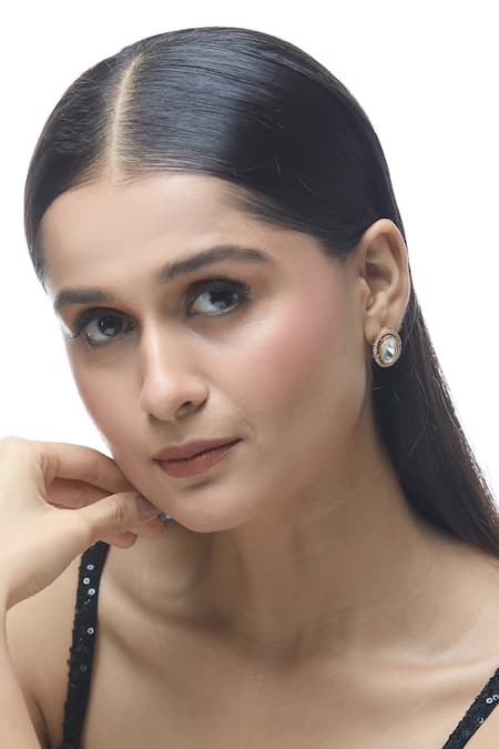 Just Shradhas_Gold Plated Crystals, Stones Oval Shaped Stud Earrings _Online_at_Aza_Fashions