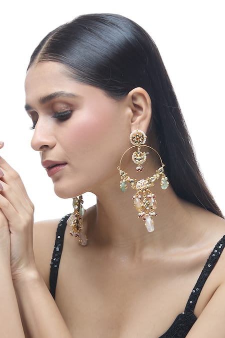 Just Shradhas_Multi Color Pearls, Stones Floral Carved Cutwork Earrings _Online_at_Aza_Fashions