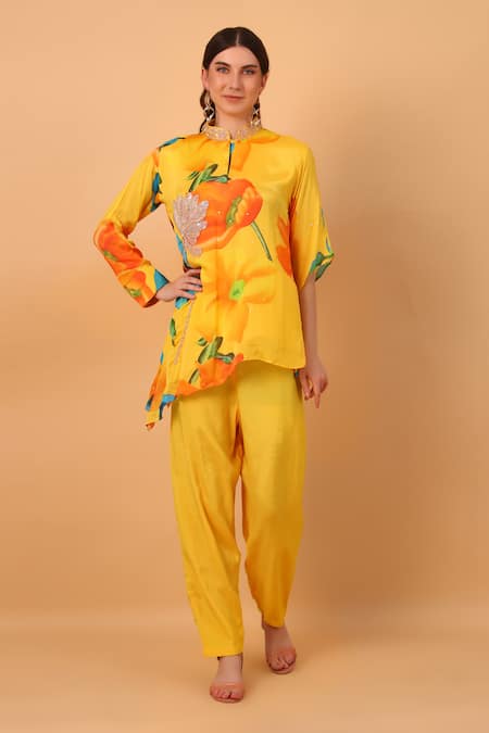 SAYISHA Yellow Chinon Printed Floral Band Collar Embroidered Tunic And Pant Set 