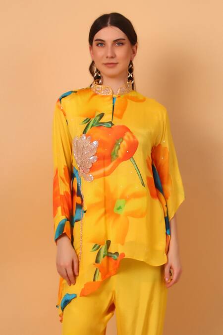 Sayisha Yellow Chinon Printed Floral Band Collar Embroidered Tunic And Pant Set Online at Aza Fashions Sayisha_Yellow Chinon Printed Floral Band Collar Embroidered Tunic And Pant Set_Online_at_Aza_Fashions