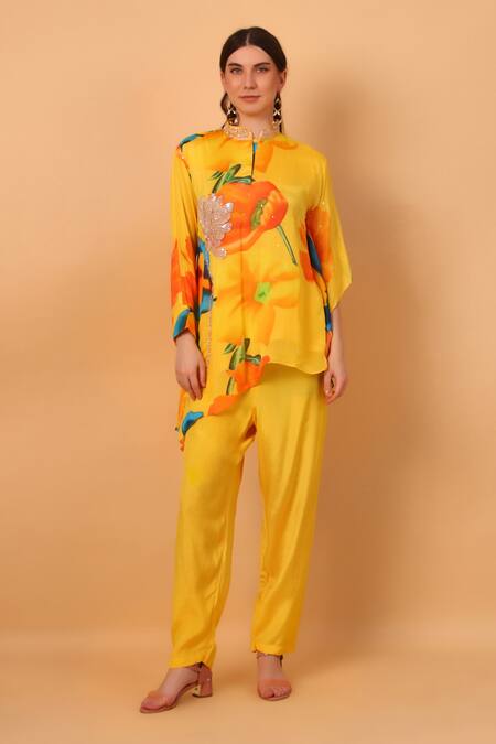 Buy_Sayisha_Yellow Chinon Printed Floral Band Collar Embroidered Tunic And Pant Set_Online_at_Aza_Fashions