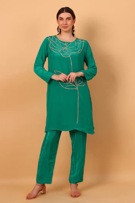 SAYISHA Blue Crepe Embroidered Round Abstract Kurta And Pant Set 