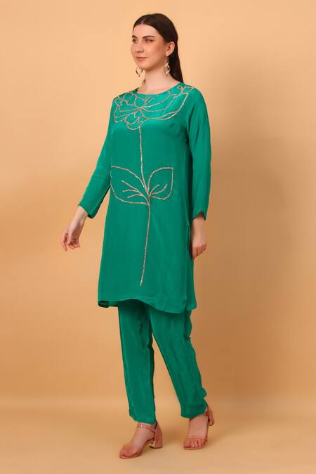 Shop_Sayisha_Blue Crepe Embroidered Round Abstract Kurta And Pant Set _Online_at_Aza_Fashions