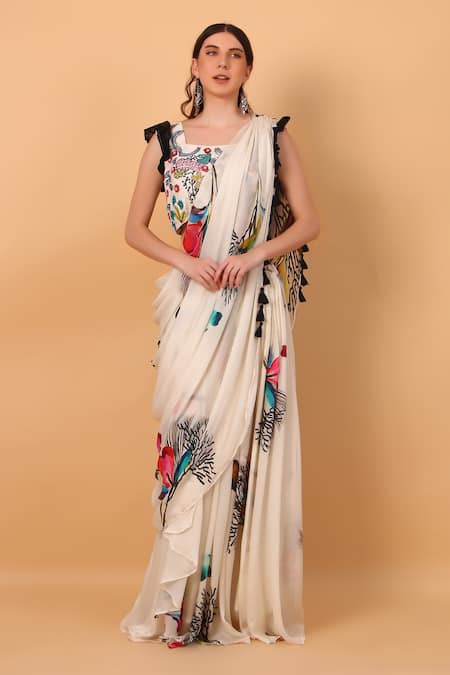 SAYISHA Off White Georgette Square Floral Print Pre-draped Saree With Blouse 