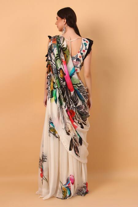 Shop_Sayisha_Off White Georgette Square Floral Print Pre-draped Saree With Blouse_at_Aza_Fashions