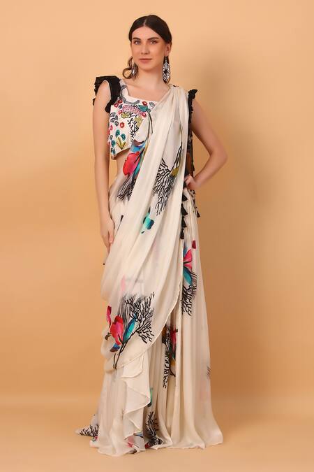 Sayisha_Off White Georgette Square Floral Print Pre-draped Saree With Blouse_Online_at_Aza_Fashions