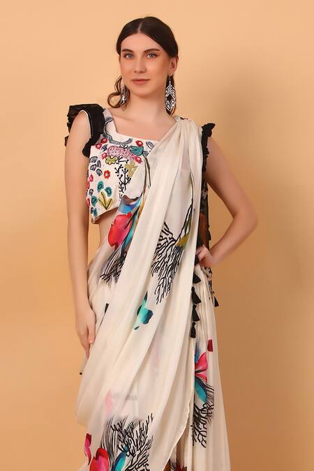 Buy Sayisha Off White Georgette Square Floral Print Pre-draped Saree With Blouse Online at Aza Fashions Buy_Sayisha_Off White Georgette Square Floral Print Pre-draped Saree With Blouse_Online_at_Aza_Fashions