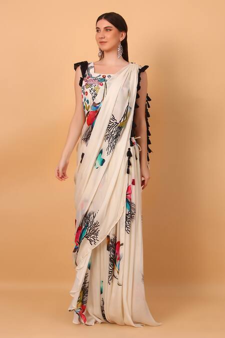 Shop_Sayisha_Off White Georgette Square Floral Print Pre-draped Saree With Blouse_Online_at_Aza_Fashions
