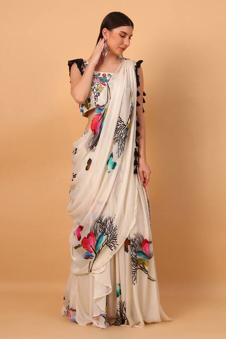 Sayisha_Off White Georgette Square Floral Print Pre-draped Saree With Blouse_at_Aza_Fashions