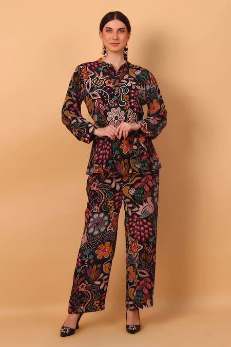 SAYISHA Multi Color Crepe Printed Floral Notched Embroidered Tunic And Pant Set 