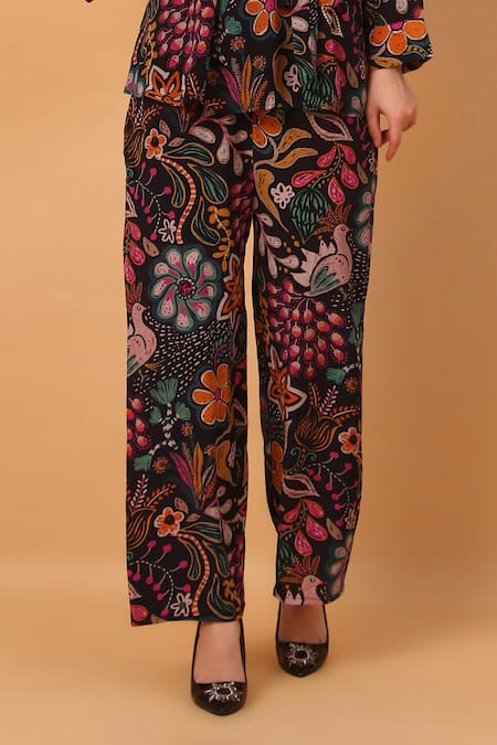 Buy_Sayisha_Multi Color Crepe Embroidery Open Neck Floral Print Tunic And Pant Set _Online_at_Aza_Fashions