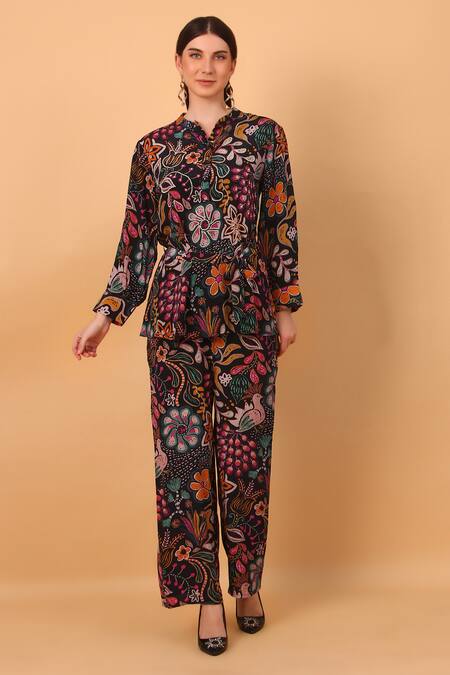 Sayisha_Multi Color Crepe Embroidery Open Neck Floral Print Tunic And Pant Set _at_Aza_Fashions