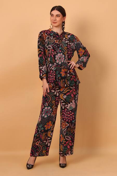 Buy_Sayisha_Multi Color Crepe Embroidery Open Neck Floral Print Tunic And Pant Set 