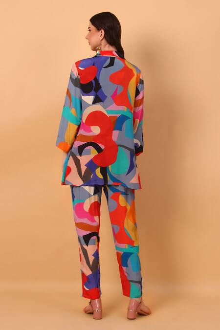 Shop_Sayisha_Multi Color Crepe Printed Abstract Lapel Collar Top And Pant Set_at_Aza_Fashions