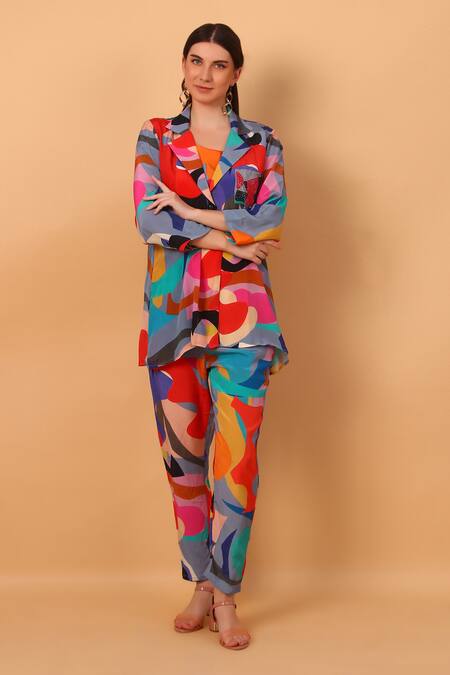 Buy_Sayisha_Multi Color Crepe Printed Abstract Lapel Collar Top And Pant Set_Online_at_Aza_Fashions