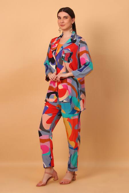 Shop_Sayisha_Multi Color Crepe Printed Abstract Lapel Collar Top And Pant Set_Online_at_Aza_Fashions