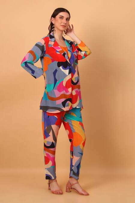 Sayisha_Multi Color Crepe Printed Abstract Lapel Collar Top And Pant Set_at_Aza_Fashions