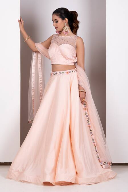 House Of Mithi Kalra_Peach Organza Crystals, Embroidery Round Neck Resham Lehenga Set _Online_at_Aza_Fashions