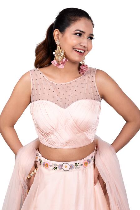 Shop_House Of Mithi Kalra_Peach Organza Crystals, Embroidery Round Neck Resham Lehenga Set _Online_at_Aza_Fashions