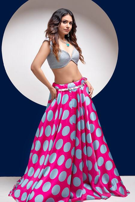 House Of Mithi Kalra_Blue Satin Crystals, Stones Round Neck, Stripped Print Jacket And Lehenga Set _Online_at_Aza_Fashions