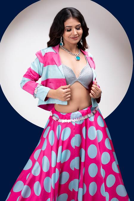 Shop_House Of Mithi Kalra_Blue Satin Crystals, Stones Round Neck, Stripped Print Jacket And Lehenga Set _Online_at_Aza_Fashions