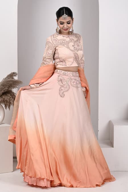 House Of Mithi Kalra_Peach Satin Crystals, Beads, Zari, Sequins Paisley Embroidered Ombre Lehenga Set _Online_at_Aza_Fashions