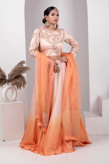 Buy_House Of Mithi Kalra_Peach Satin Crystals, Beads, Zari, Sequins Paisley Embroidered Ombre Lehenga Set _Online_at_Aza_Fashions