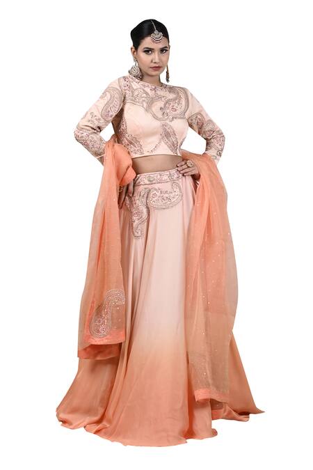 Shop_House Of Mithi Kalra_Peach Satin Crystals, Beads, Zari, Sequins Paisley Embroidered Ombre Lehenga Set _Online_at_Aza_Fashions