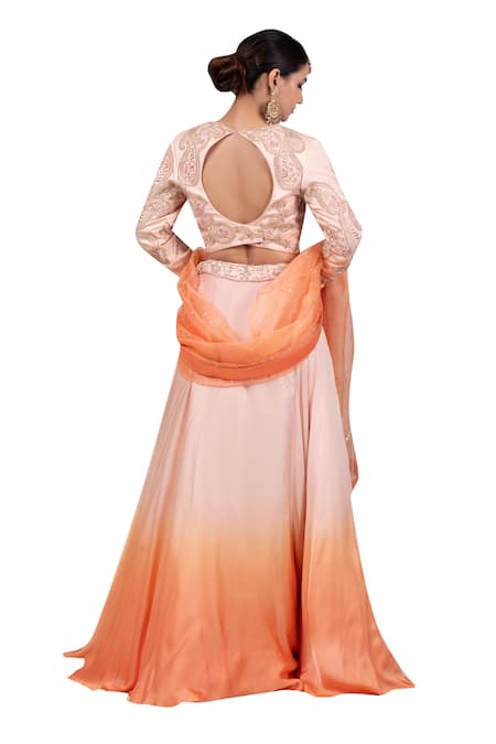 House Of Mithi Kalra_Peach Satin Crystals, Beads, Zari, Sequins Paisley Embroidered Ombre Lehenga Set _at_Aza_Fashions