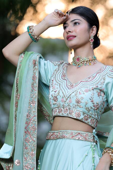 House Of Mithi Kalra Green Satin Crystals, Beads, Zari V-neck Zardozi Embroidered Ombre Lehenga Set Online at Aza Fashions House Of Mithi Kalra_Green Satin Crystals, Beads, Zari V-neck Zardozi Embroidered Ombre Lehenga Set _Online_at_Aza_Fashions