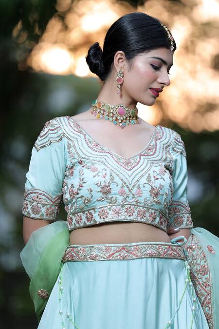 Buy House Of Mithi Kalra Green Satin Crystals, Beads, Zari V-neck Zardozi Embroidered Ombre Lehenga Set Online at Aza Fashions Buy_House Of Mithi Kalra_Green Satin Crystals, Beads, Zari V-neck Zardozi Embroidered Ombre Lehenga Set _Online_at_Aza_Fashions