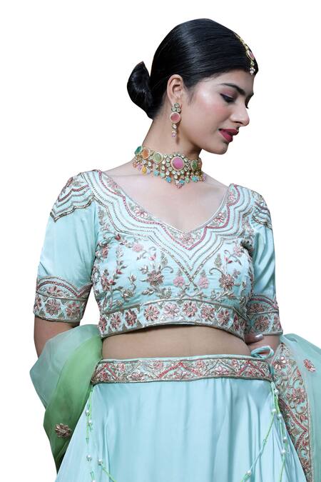 Shop House Of Mithi Kalra Green Satin Crystals, Beads, Zari V-neck Zardozi Embroidered Ombre Lehenga Set Online at Aza Fashions Shop_House Of Mithi Kalra_Green Satin Crystals, Beads, Zari V-neck Zardozi Embroidered Ombre Lehenga Set _Online_at_Aza_Fashions
