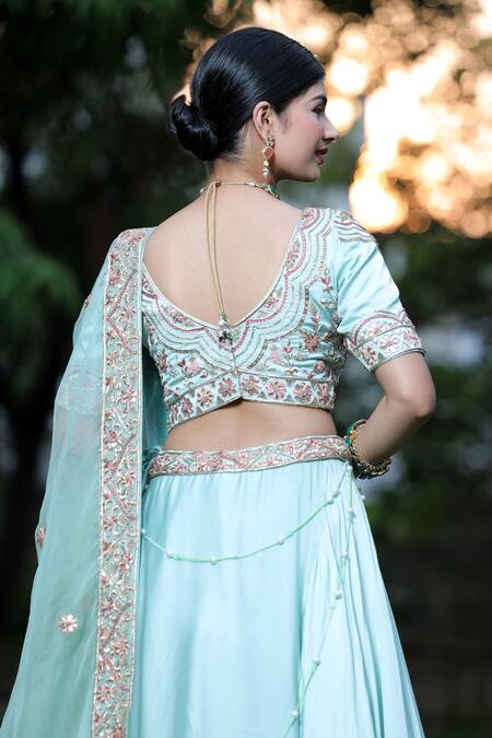 House Of Mithi Kalra Green Satin Crystals, Beads, Zari V-neck Zardozi Embroidered Ombre Lehenga Set at Aza Fashions House Of Mithi Kalra_Green Satin Crystals, Beads, Zari V-neck Zardozi Embroidered Ombre Lehenga Set _at_Aza_Fashions