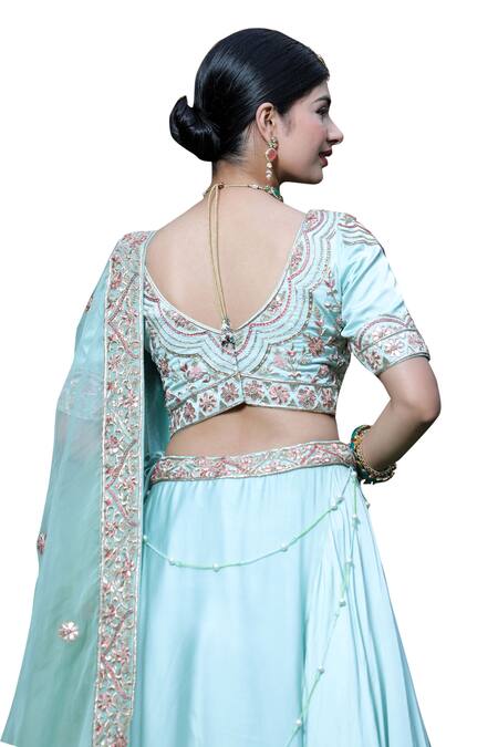 Buy House Of Mithi Kalra Green Satin Crystals, Beads, Zari V-neck Zardozi Embroidered Ombre Lehenga Set Buy_House Of Mithi Kalra_Green Satin Crystals, Beads, Zari V-neck Zardozi Embroidered Ombre Lehenga Set