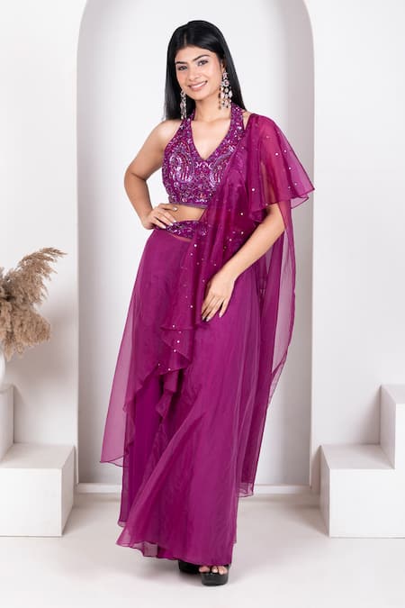 house of mithi kalra Purple Georgette Embroidered Sequin Halter Work Kali Pant Saree With Blouse Set 