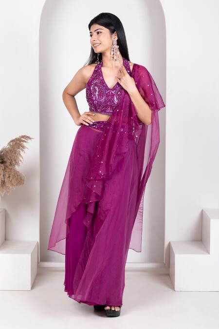 House Of Mithi Kalra_Purple Georgette Sequins, Beads Halter Neck Work Kali Pant Saree With Blouse Set _Online_at_Aza_Fashions